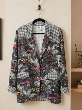 NWT Surya Vintage Car Tropical Gingham Retro Patchwork Sequin Blazer Jacket Rare